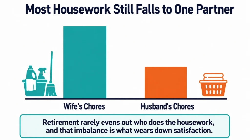 Bar chart comparing housework division between retired spouses, showing the wife's chores bar far taller than the husband's, with the imbalance driving lower satisfaction.