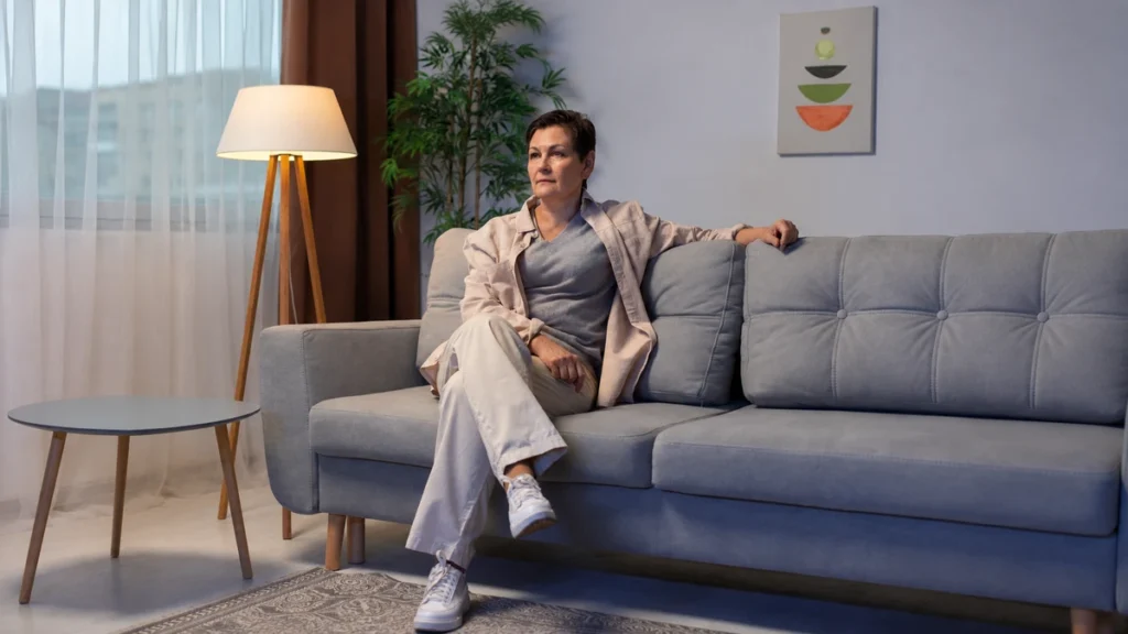 Woman in her mid-60s seated in quiet evening light, gazing inward as slow-wave sleep loss accumulates steadily each year.