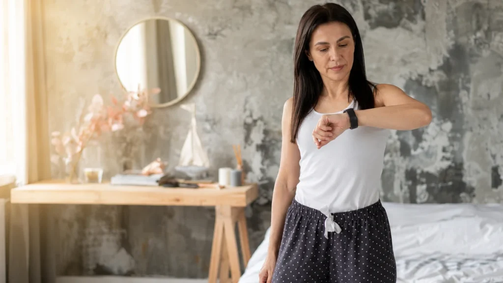 Woman in morning clothing checking smartwatch in bedroom light, expression calm and attentive, reading recovery data before training.
