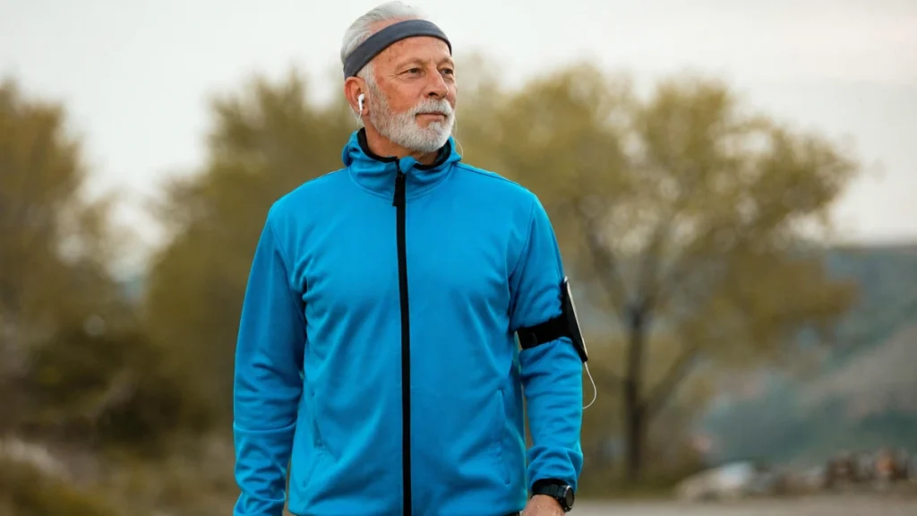 Man in his sixties walking outdoors in athletic jacket, gaze forward, steady unhurried pace conveying consistent sustainable effort.
