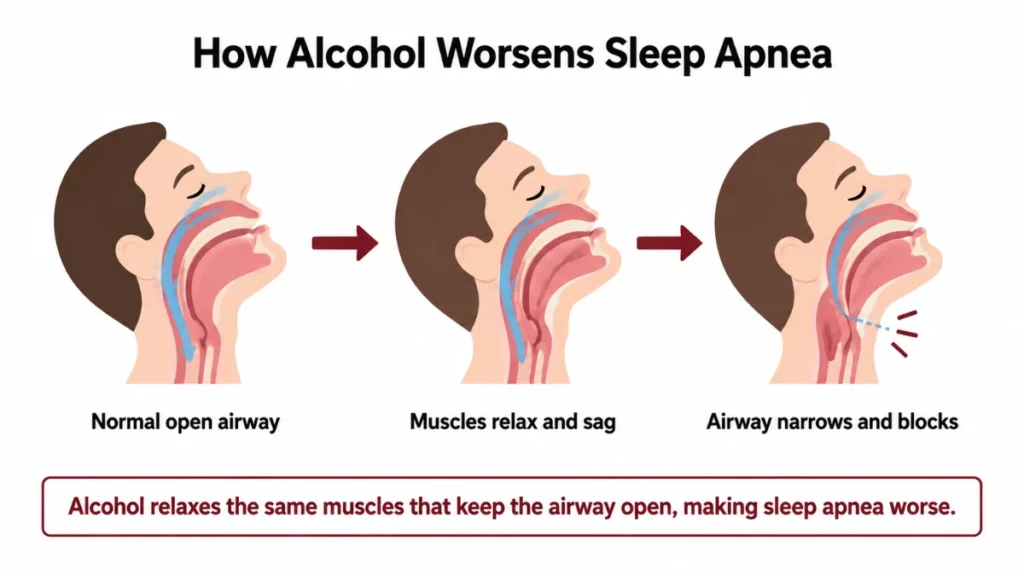 Diagram of alcohol's effect on the airway demonstrating how relaxed throat muscles narrow the airway and block breathing, with arrows showing the stage-by-stage progression.