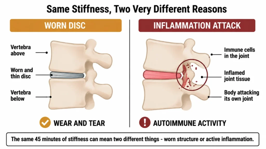 Two-state comparison diagram of a worn spinal disc and immune-driven joint inflammation demonstrating how the same 45 minutes of stiffness can come from two different causes, with a mirrored split marking each side.