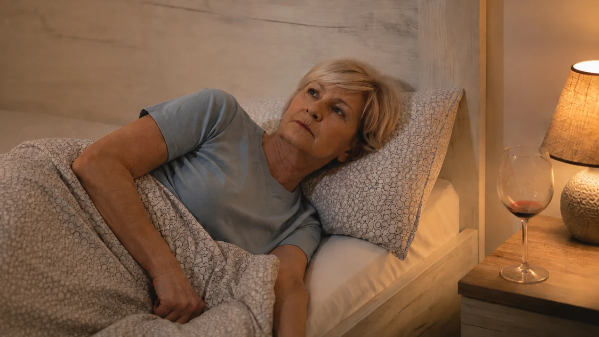 Older woman lying wide awake at night, an empty wine glass on her nightstand as she stares at the ceiling unable to sleep.