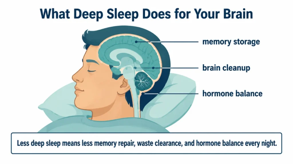 Anatomical illustration of a sleeping brain highlighting three functions of deep sleep: memory storage, brain cleanup, and hormone balance.