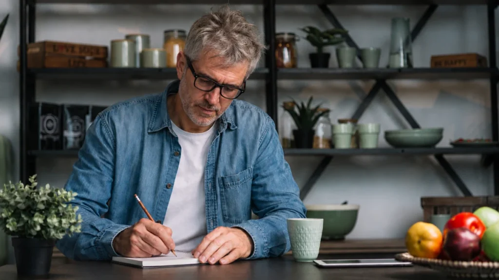 Older man jotting his wake-up time into a notebook to track how long his stiffness lasts.