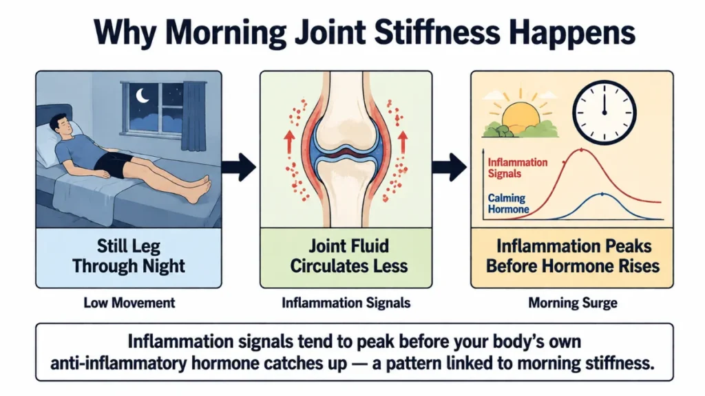 Three-panel diagram of overnight joint changes: lying still through the night leads to reduced joint fluid circulation, which is followed by inflammation signals peaking before the body's calming hormone rises.