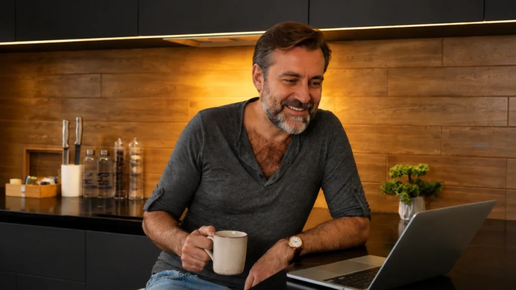 Mature adult settling in for a video call with a warm mug, making time for real conversation.