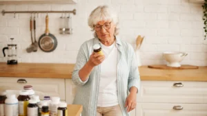 Mature woman questioning her antioxidants after 50 routine while reading a supplement label.