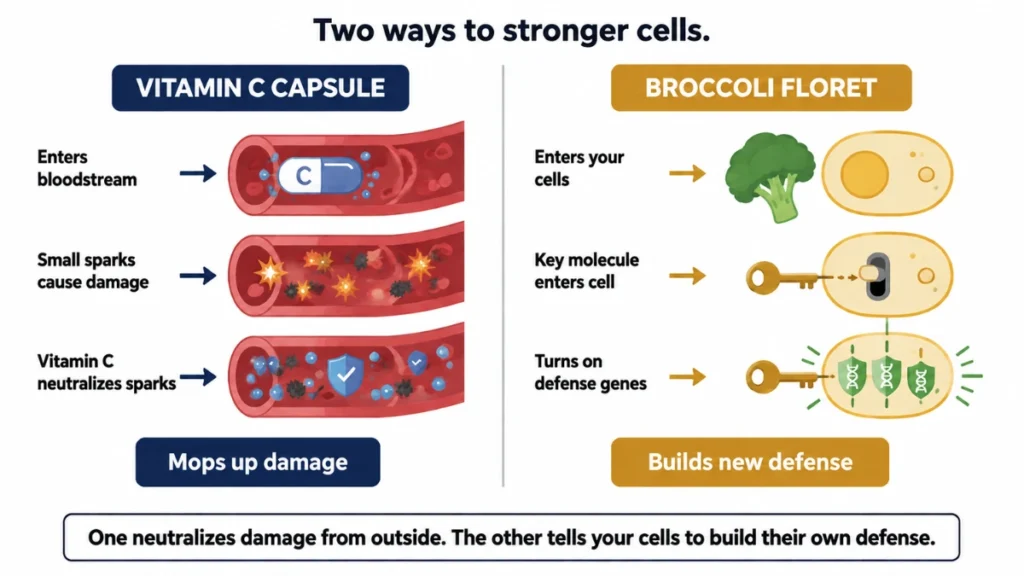 Diagram of a vitamin C capsule against a broccoli compound demonstrating how one mops up damage in the bloodstream while the other enters cells to switch on the body's own defense genes.