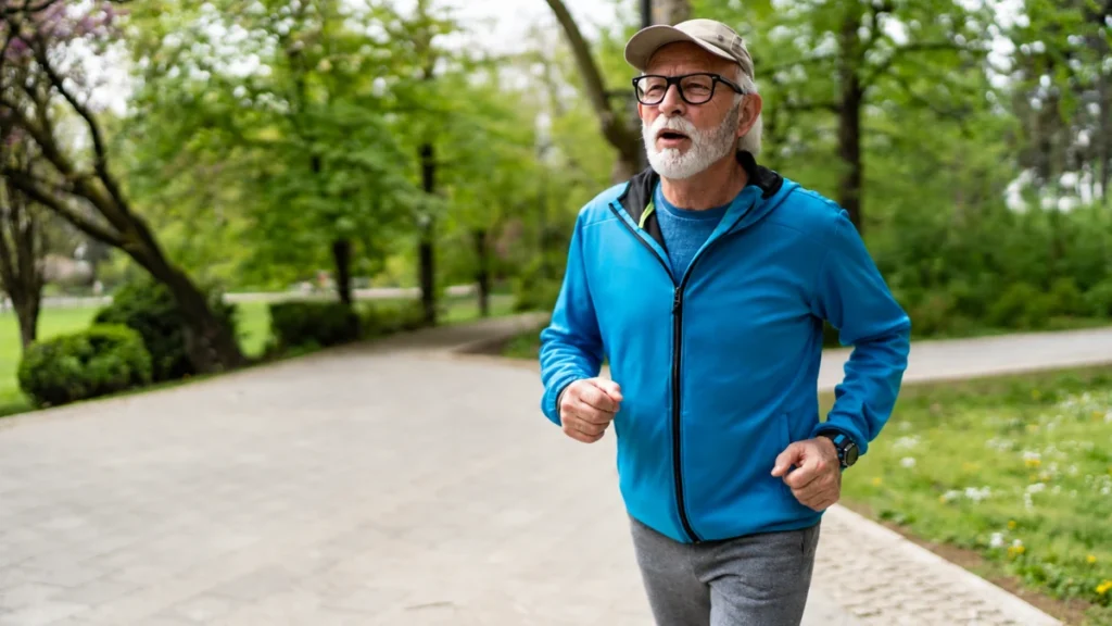 Man in his late 50s power walking briskly, arms pumping hard enough to trigger his body's defenses.