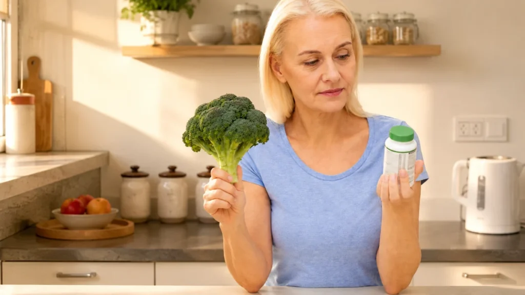 Woman in her 50s weighing a supplement bottle against fresh broccoli, deciding which belongs in her routine.