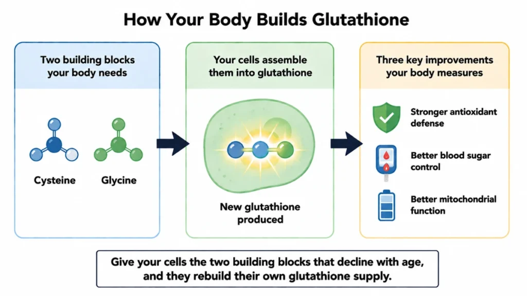 Diagram of glutathione synthesis demonstrating how cysteine and glycine assemble inside cells into new glutathione. Arrows trace the resulting gains in antioxidant defense, blood sugar control, and mitochondrial function.