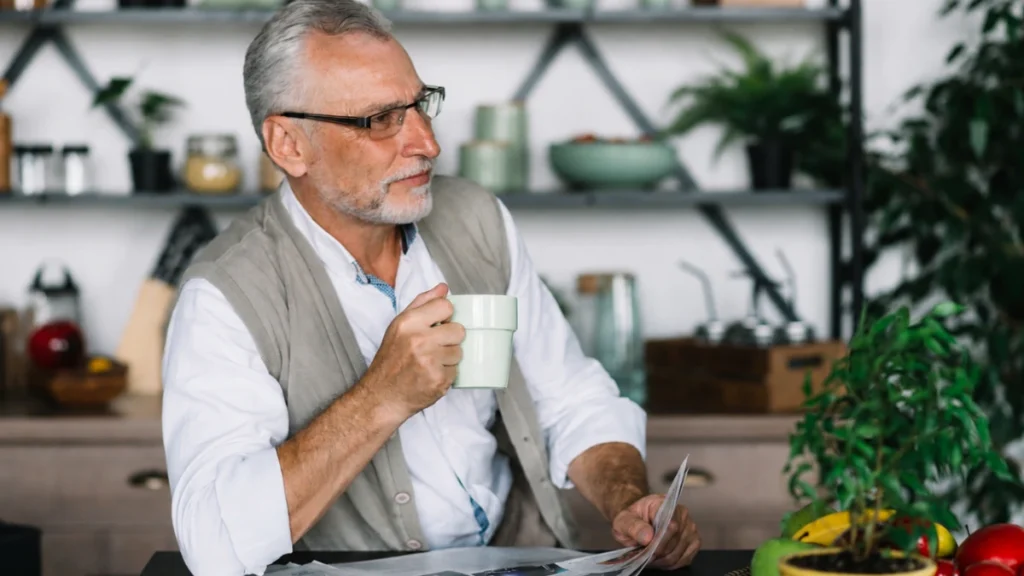 Man in his 60s sitting quietly at his kitchen table, adjusting to life after retirement's structure ended.