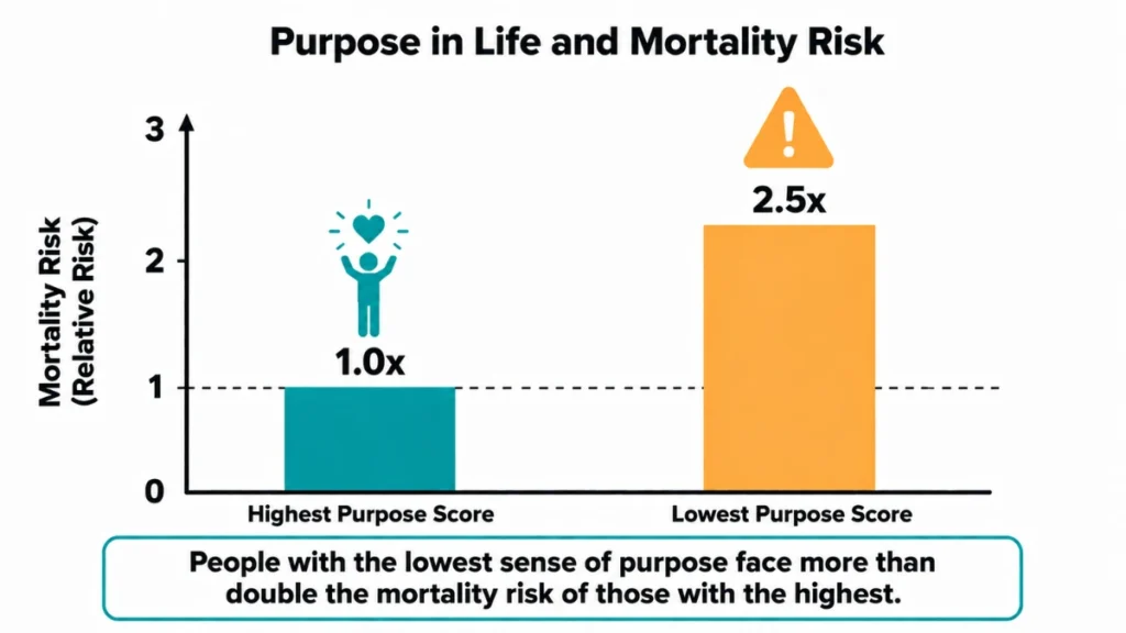 Bar chart comparing mortality risk between adults with the highest and lowest purpose scores, showing more than double the risk.