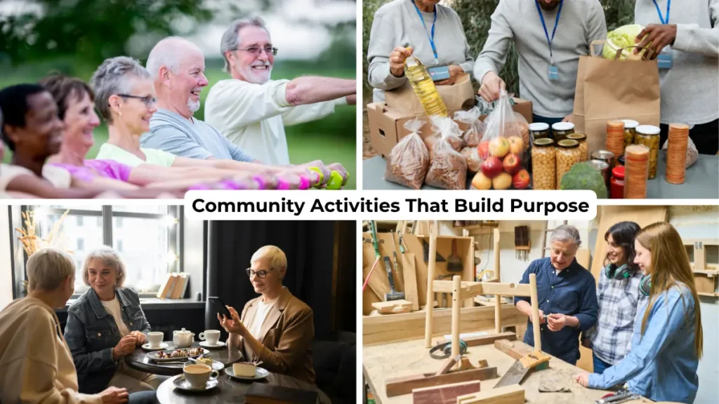 Four-panel collage of adults over 50 participating in group exercise, volunteering, social time with friends, and mentoring.