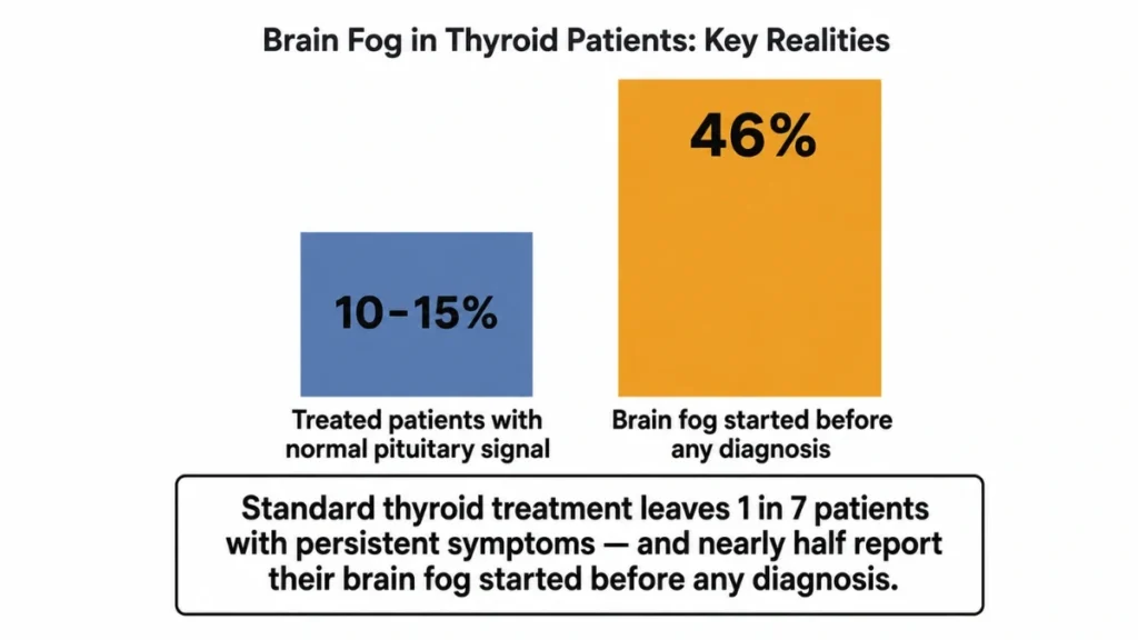Bar chart showing 10–15% of treated hypothyroid patients and 46% with pre-diagnosis brain fog, demonstrating the gap between normal TSH results and persistent symptoms.