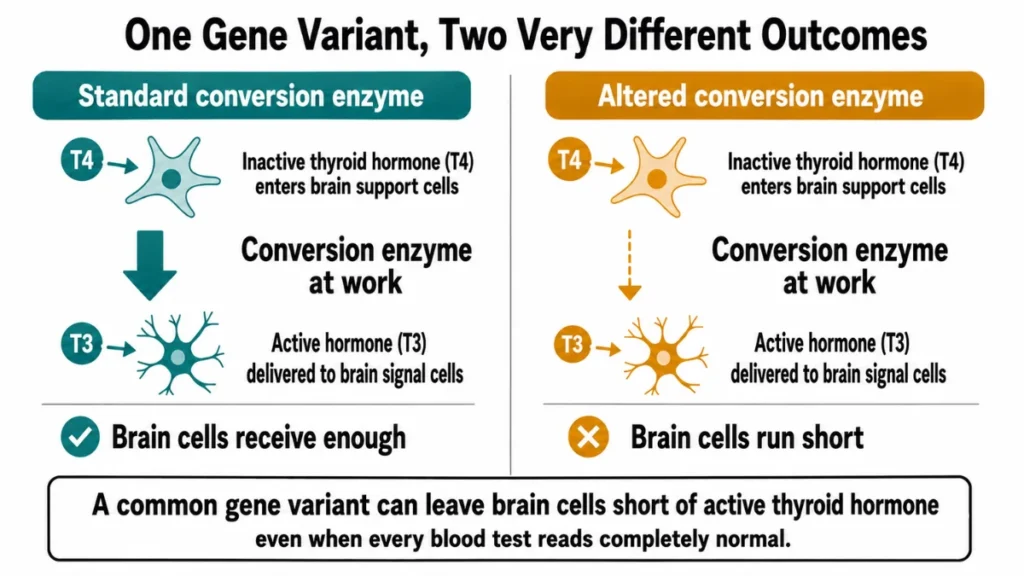 Two-panel comparison diagram showing standard DIO2 conversion enzyme delivering active thyroid hormone to brain cells on the left, against the altered variant with reduced conversion and a brain cell shortage on the right.