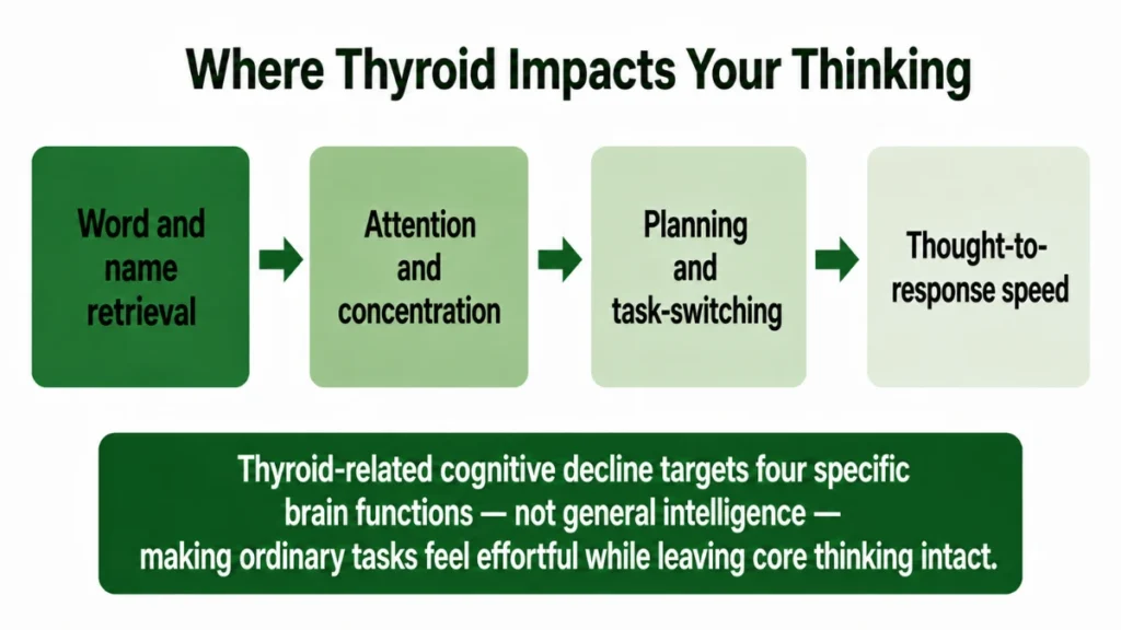 Four ranked boxes showing the cognitive functions most affected by thyroid hormone decline: word and name retrieval first, then attention, planning, and response speed.