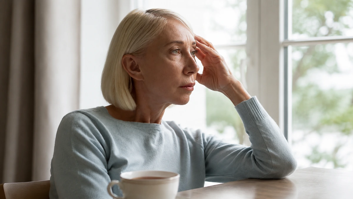 Woman in her 50s pausing mid-thought at home desk, reflecting the experience of thyroid and brain fog with normal lab results.