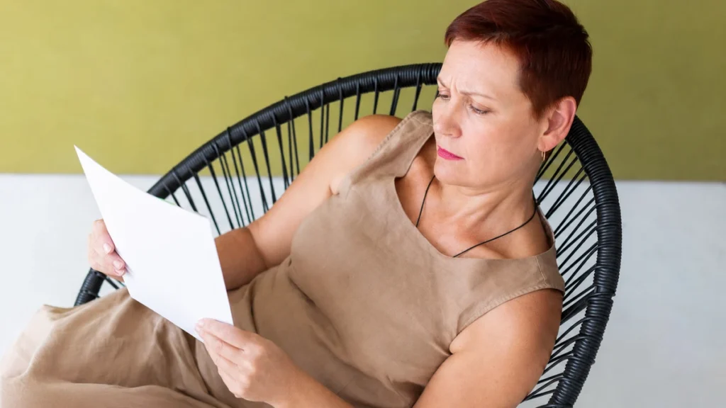 Woman in her 50s reading a document in an armchair, her frown signaling a result that did not answer what she was hoping it would.