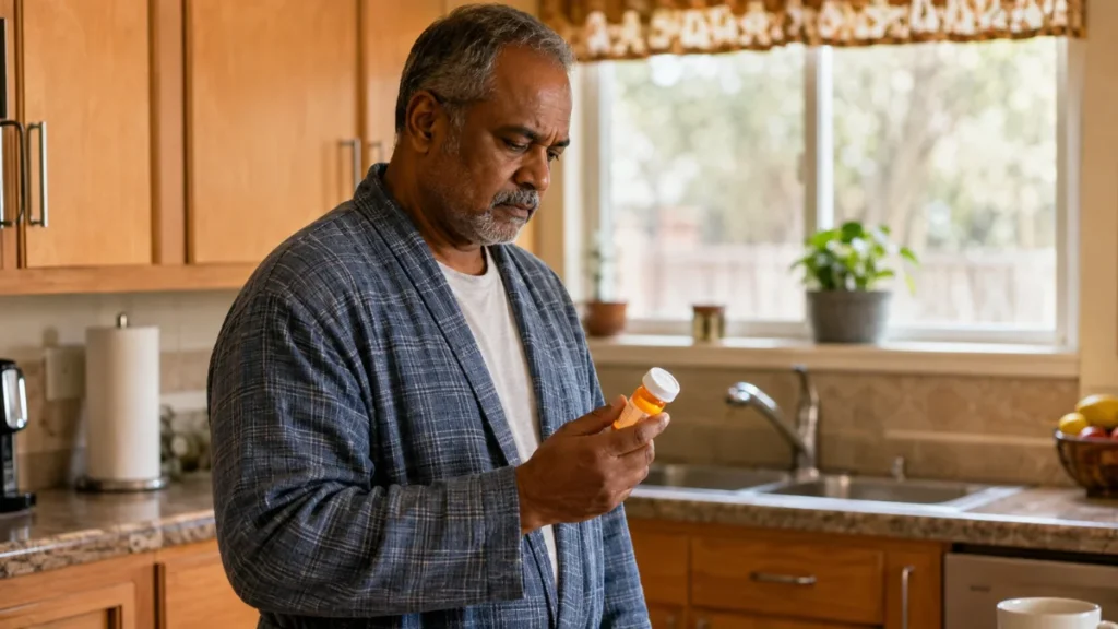 Man in his 50s examining a prescription bottle in his kitchen, quietly uncertain whether his current medication is doing enough.
