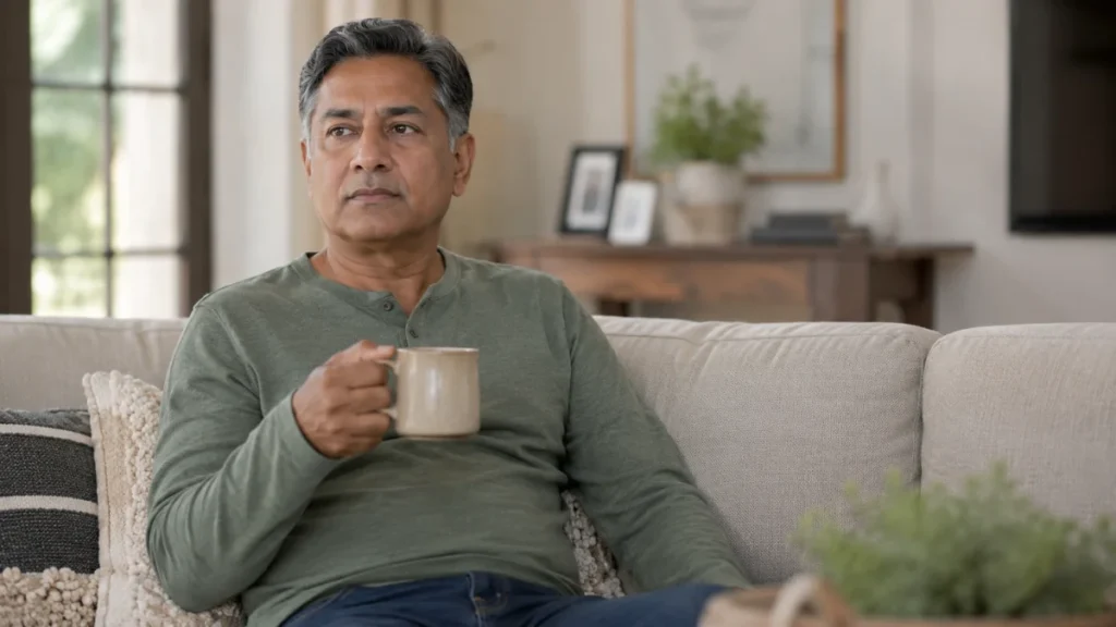 Man in his 50s pausing mid-thought on his sofa, mug stilled in hand as his gaze drifts — the quiet moment of a word slipping out of reach.
