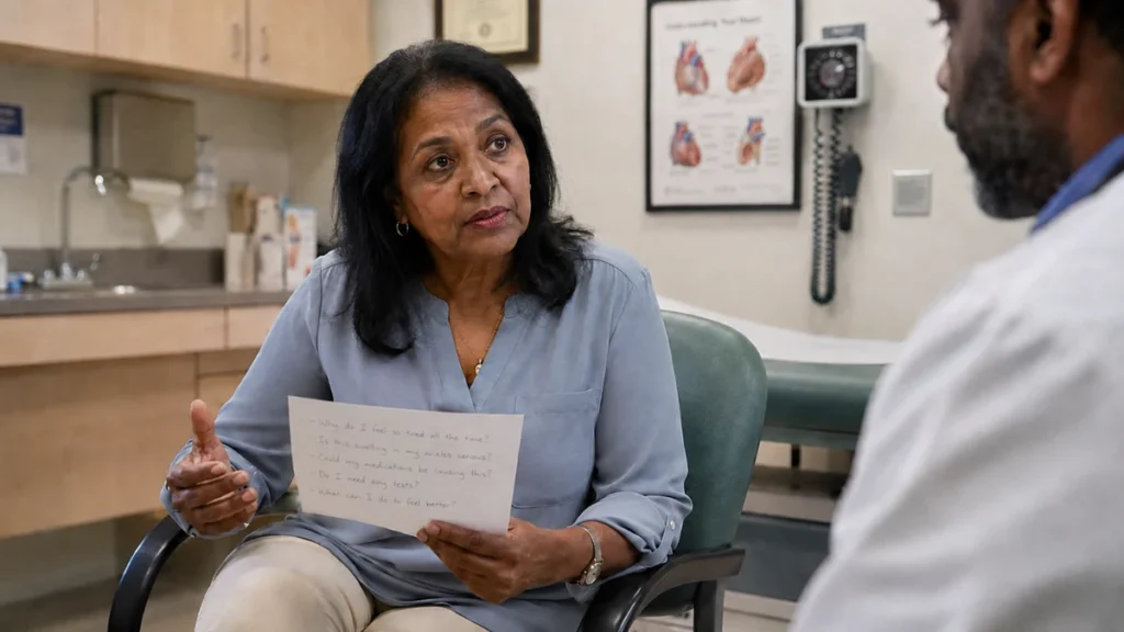 Woman in her late 50s in a medical consultation, leaning forward attentively as she raises questions about her thyroid test results.