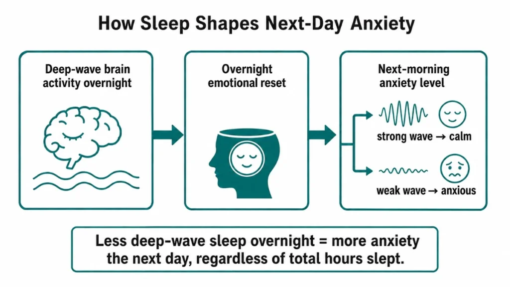 Process diagram of slow-wave sleep and emotional reset demonstrating how less deep-wave brain activity overnight drives higher next-morning anxiety, with a left-to-right flow showing each stage.