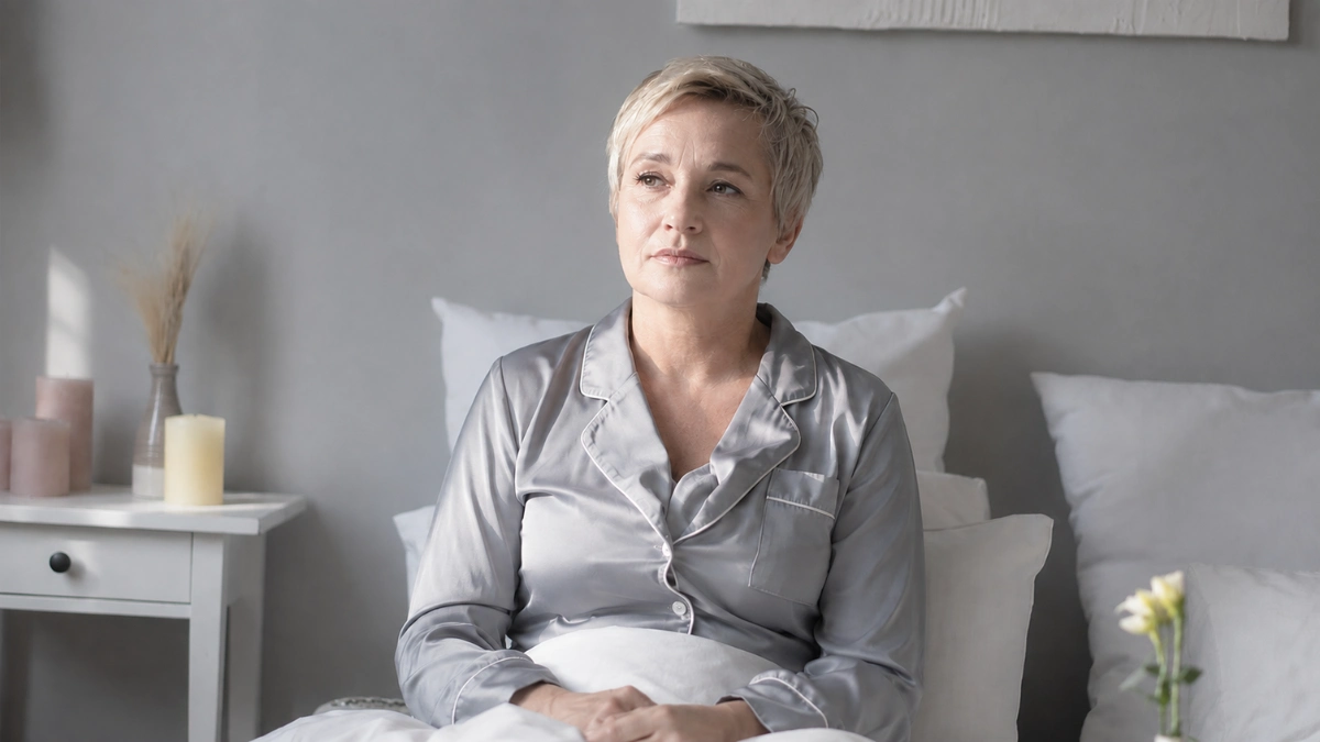 Woman in her 50s sitting on bed edge in morning light, sleep and emotions after 50 written across her still, unrestored expression.
