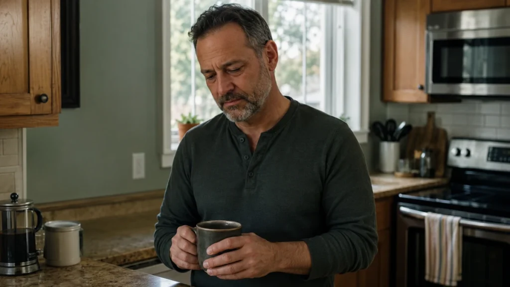 Man in his 50s holding a morning mug at his kitchen counter, gaze dropped with the quiet emotional weight of sleep and emotions after 50.