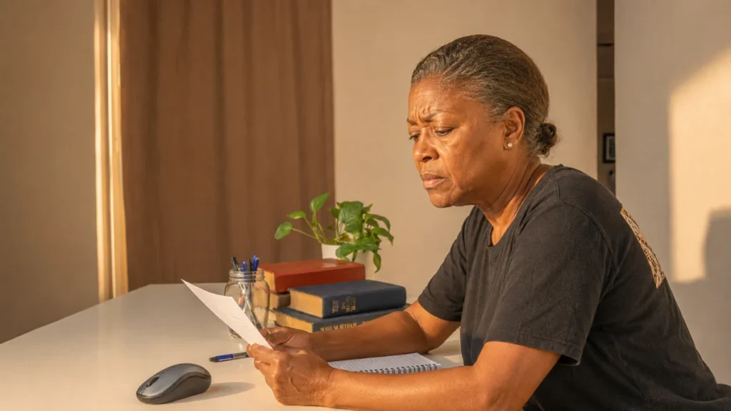 Woman in her late 50s with a fleeting expression of frustration at home, short emotional fuse from disrupted sleep leaving her reserve thinner.