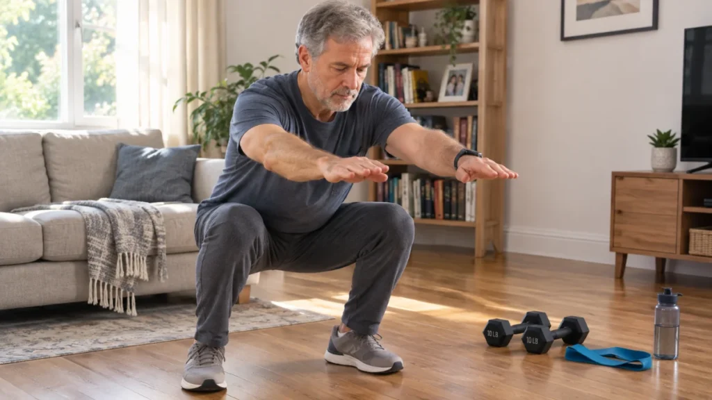 Man in his late 50s performing a bodyweight squat at home, focused and composed, with dumbbells and resistance band on the floor beside him.