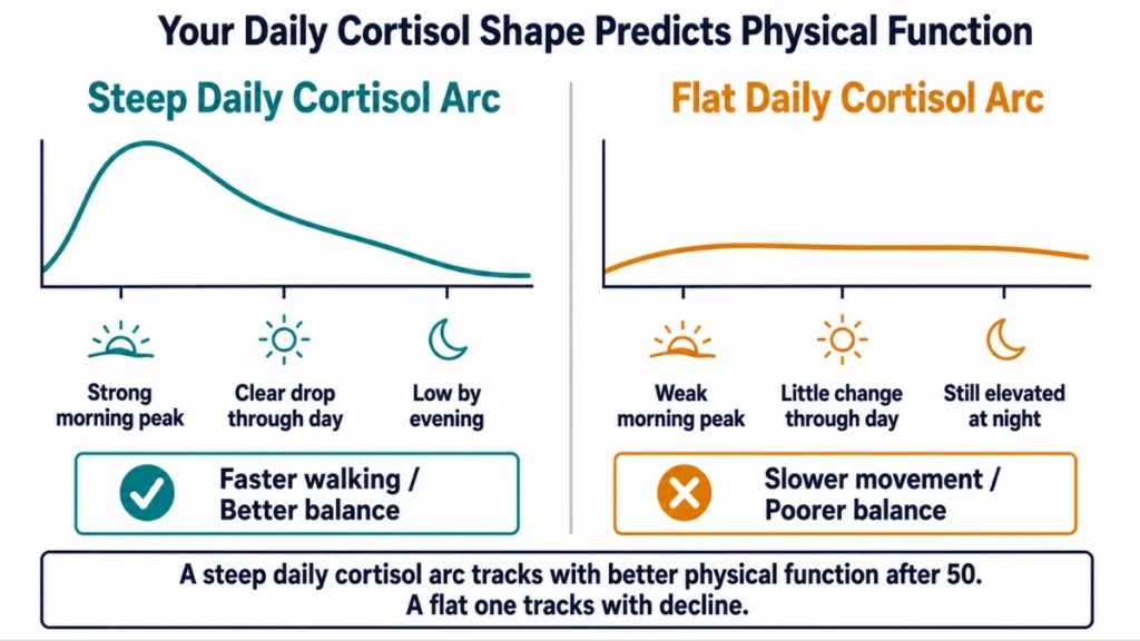 Two-state comparison diagram of daily cortisol arc demonstrating steep versus flat patterns, with physical function outcomes labeled on each side.