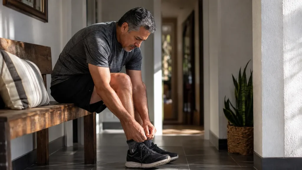 Man in his mid-fifties lacing workout shoes on hallway bench, head down, posture conveying effort before the session has begun.