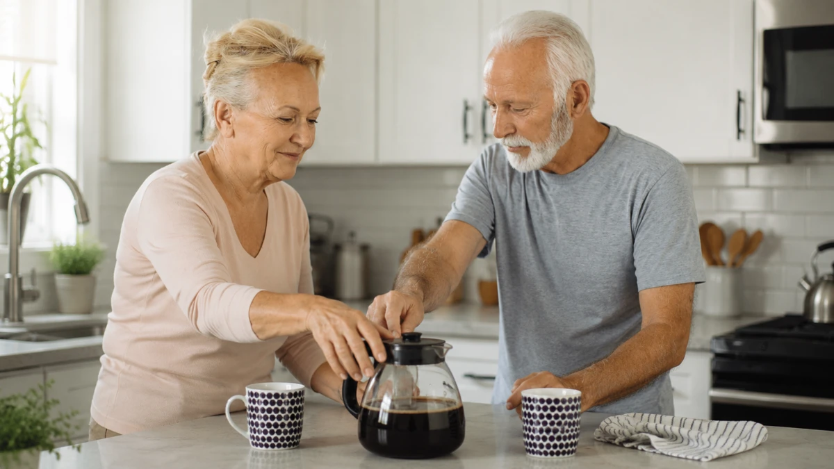 Mature couple both reaching for the coffee pot, adjusting to marriage after retirement.
