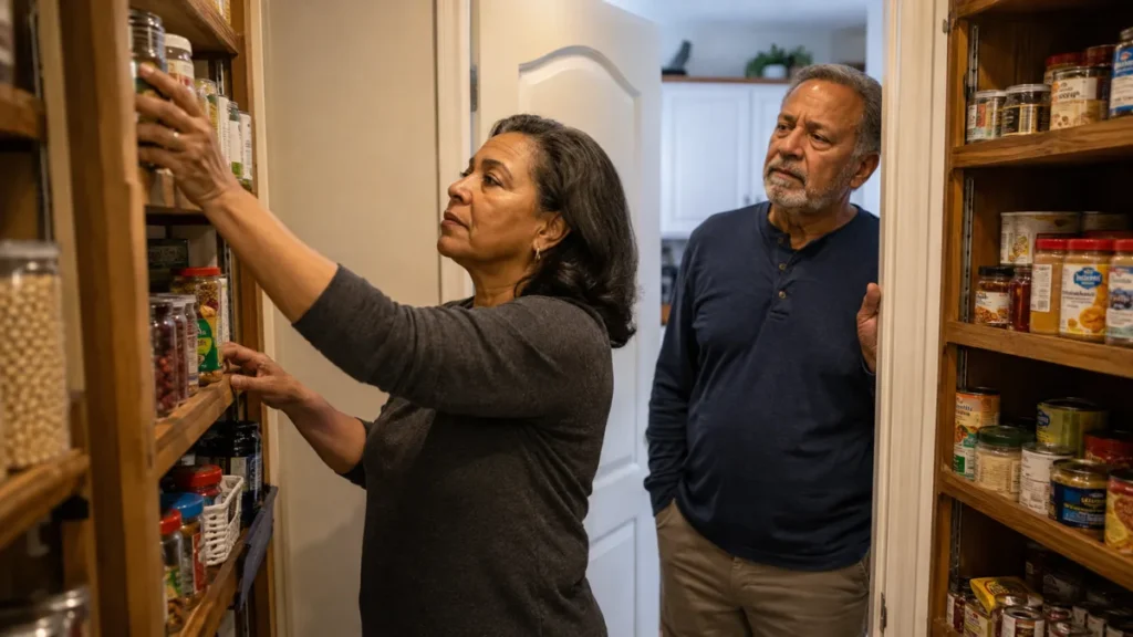 Retired spouse reorganizing kitchen shelves while their partner looks on with mild tension.