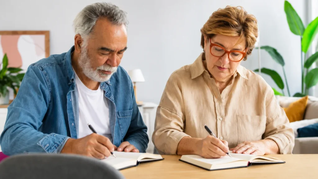 Couple separately writing answers before comparing their daily schedule needs.