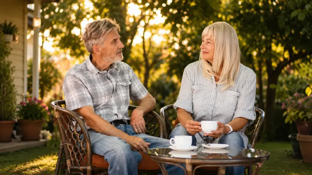 Retired couple having an open conversation on their porch in the evening.