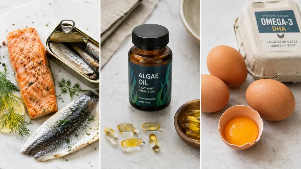 Three-panel collage of omega-3 foods including salmon, sardines, algae oil capsules, and fortified eggs, arranged to help readers see which sources deliver ready-to-use DHA and EPA.