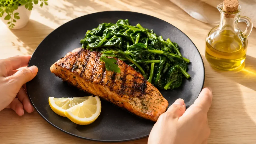 Home-cooked salmon fillet plated with greens and olive oil, an easy twice-a-week source of ready-to-use omega-3.