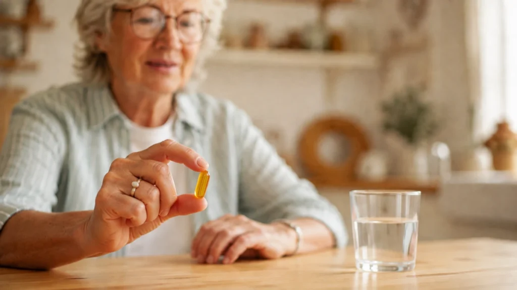 Hand holding an algae oil softgel with a glass of water, one of the simplest ways to get preformed DHA without relying on conversion.