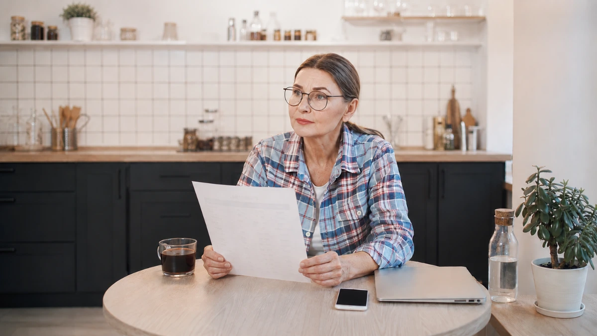Mature woman reviewing normal lab results at her kitchen table, still troubled by lingering brain fog.