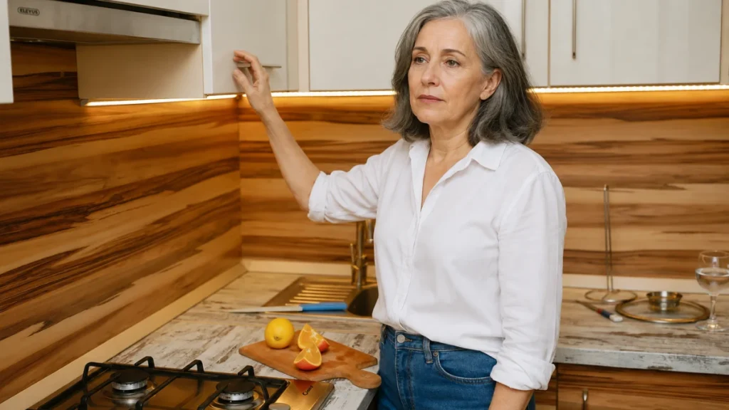 Woman reaching for a kitchen cabinet mid-task, attention drifting despite normal lab results.
