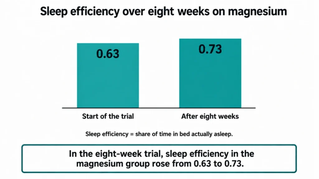 Bar chart of sleep efficiency in an eight-week magnesium trial demonstrating a rise from 0.63 to 0.73 in the supplement group, with the second bar standing slightly taller than the first.