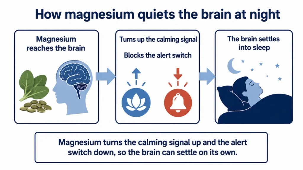 Flow diagram of how magnesium quiets the brain at night demonstrating the calming signal turning up and the alert switch turning down, with arrows leading from magnesium-rich foods to a sleeping figure.