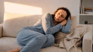 Woman in her sixties curled on a sofa in pajamas in full morning light, drained after another night of broken sleep