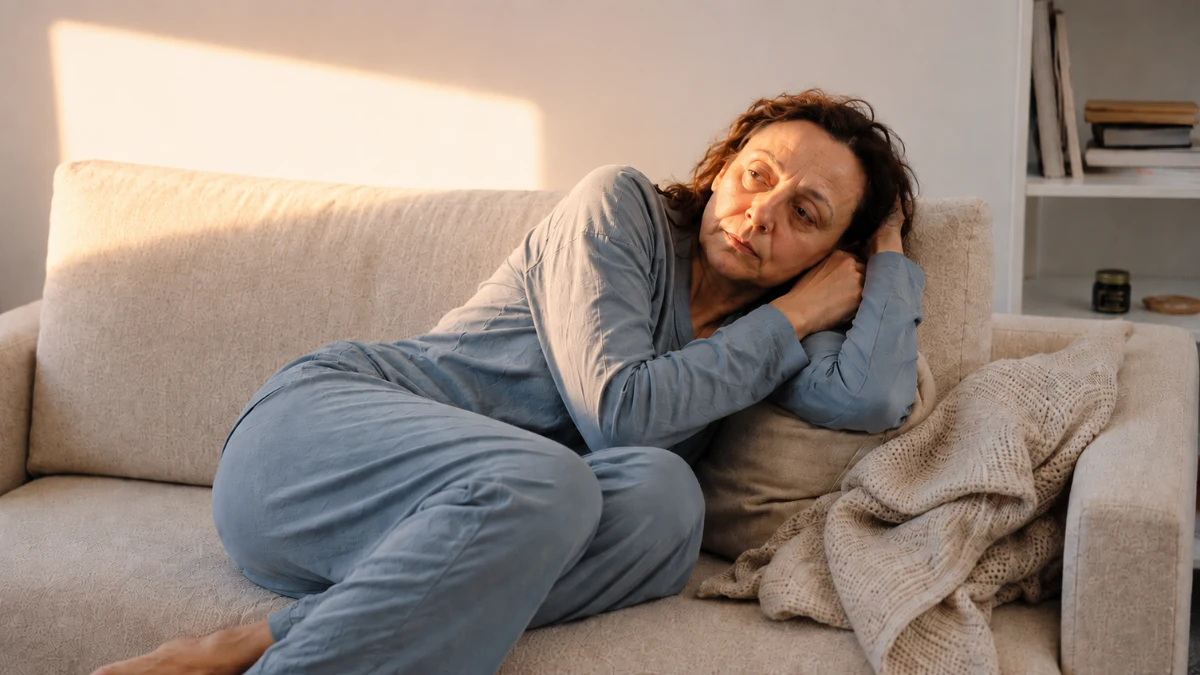 Woman in her sixties curled on a sofa in pajamas in full morning light, drained after another night of broken sleep
