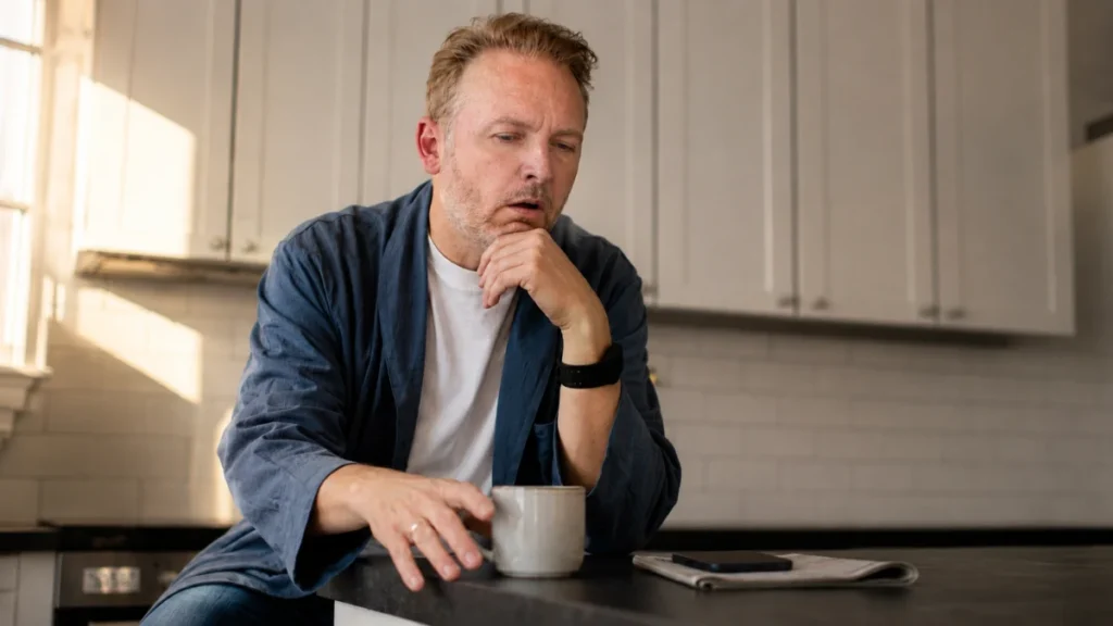 Man in his late fifties stares blankly over a cold coffee in his kitchen, drained mid-morning after a full night's sleep.