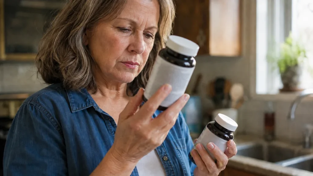 Woman in her sixties reads the back label on two bottles to compare forms of magnesium for sleep in her kitchen