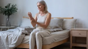 Mature woman gently flexing stiff fingers on the edge of the bed, working through morning stiffness before her day begins.